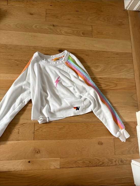 Aviator Nation Sweaters - Aviator Nation White Cropped Crewneck with Rainbow Sleeve Stripes and Pink Bolt